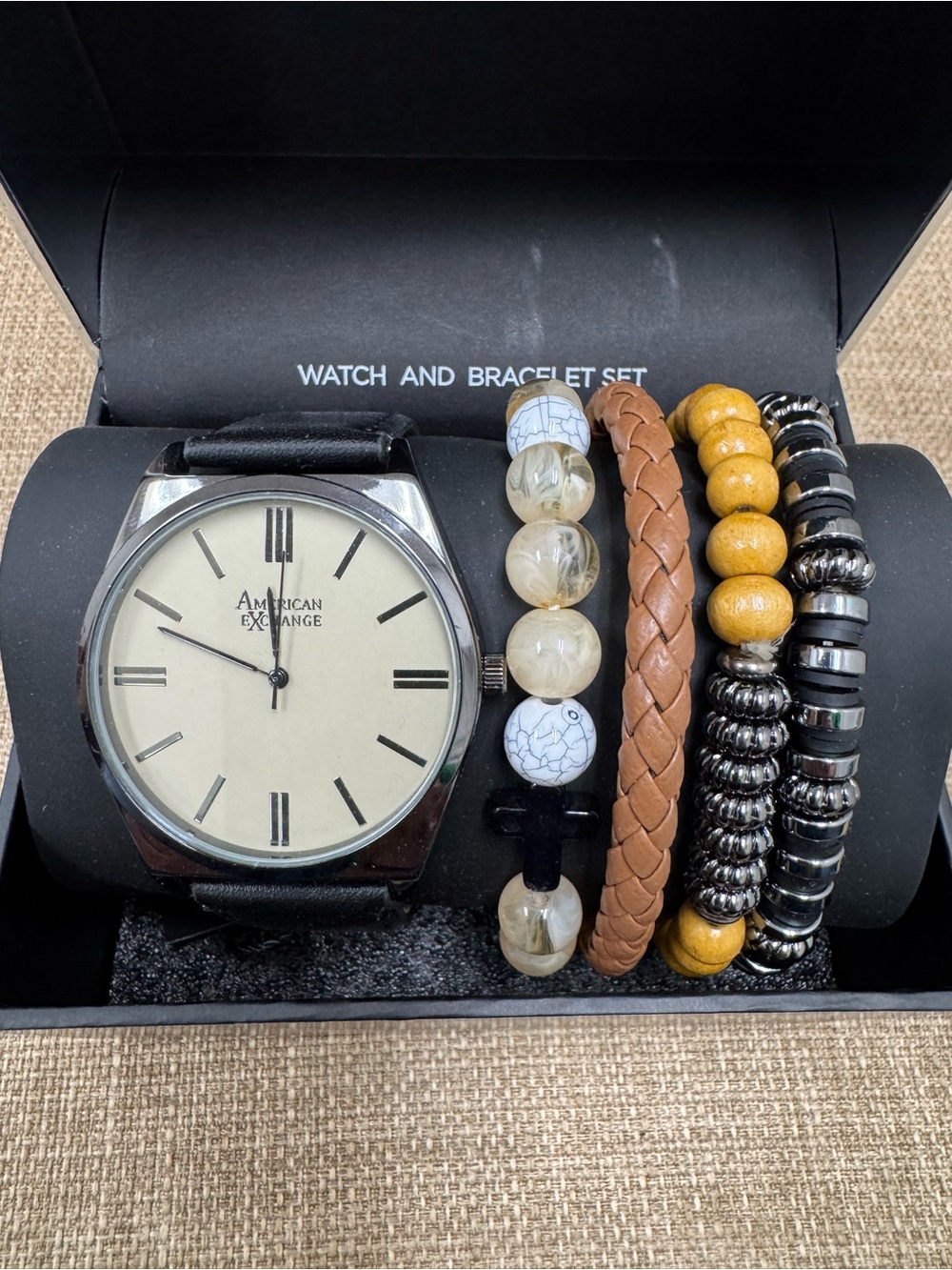American Exchange Watch & Bracelet Set, Black Strap, Braided Cross, Wood